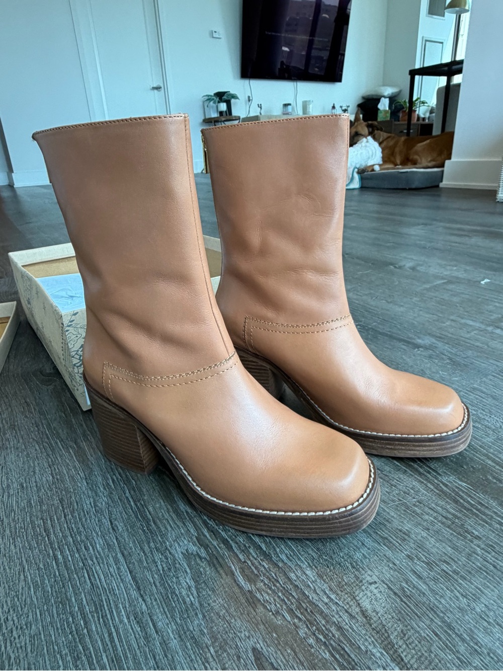 Free People Tan Mid-Calf Block Heel Boots